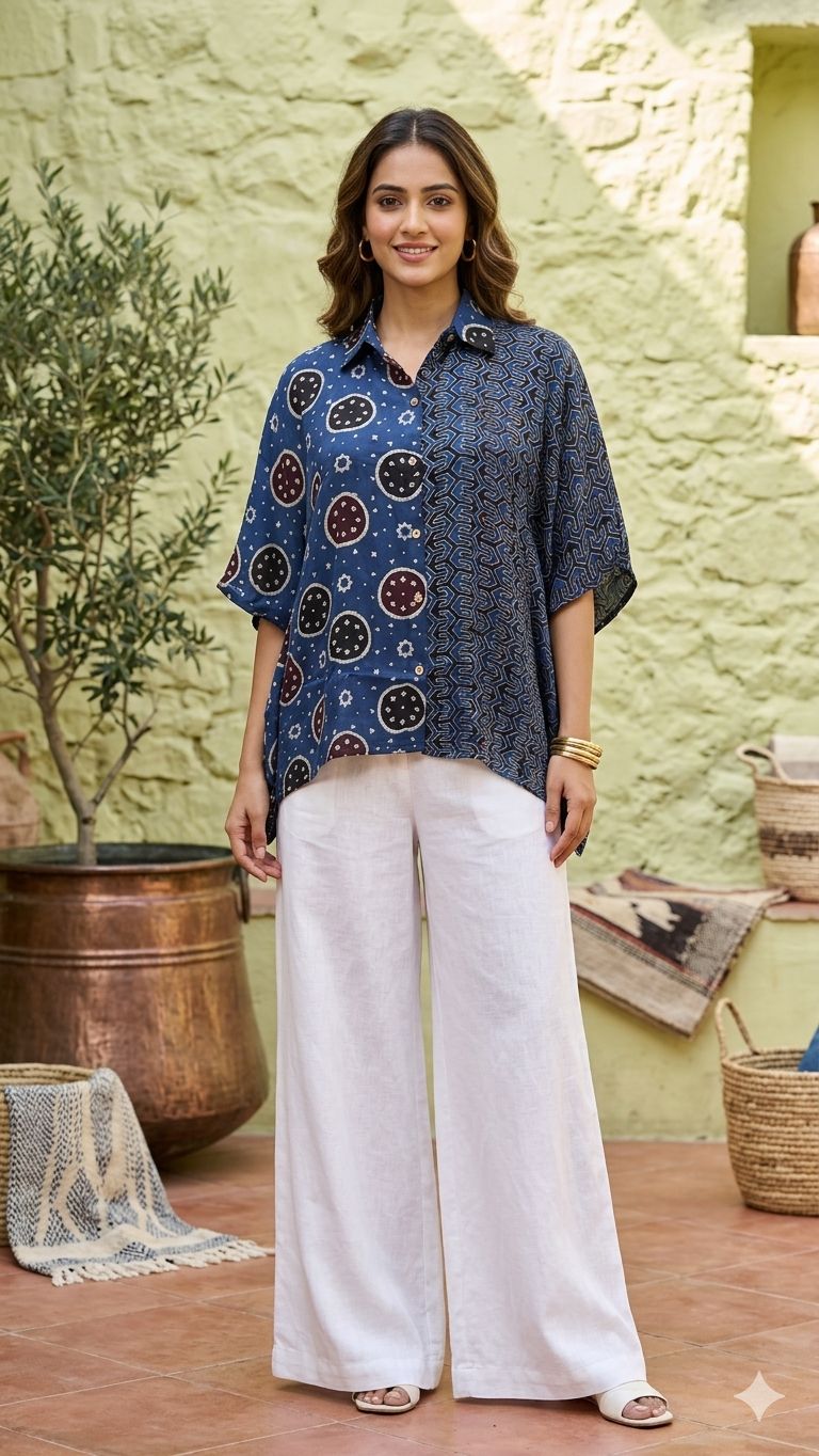 Modal Silk Kaftan Shirt (half & half design) by Kutch Poshak