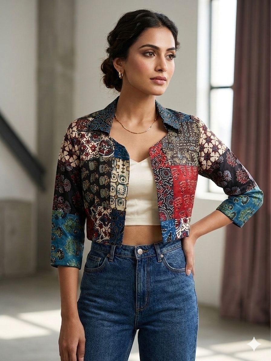 Beautiful Pure Mushroom Silk Ajrakh Patchwork Jacket Crop Top showcasing premium design - Kutch Poshak
