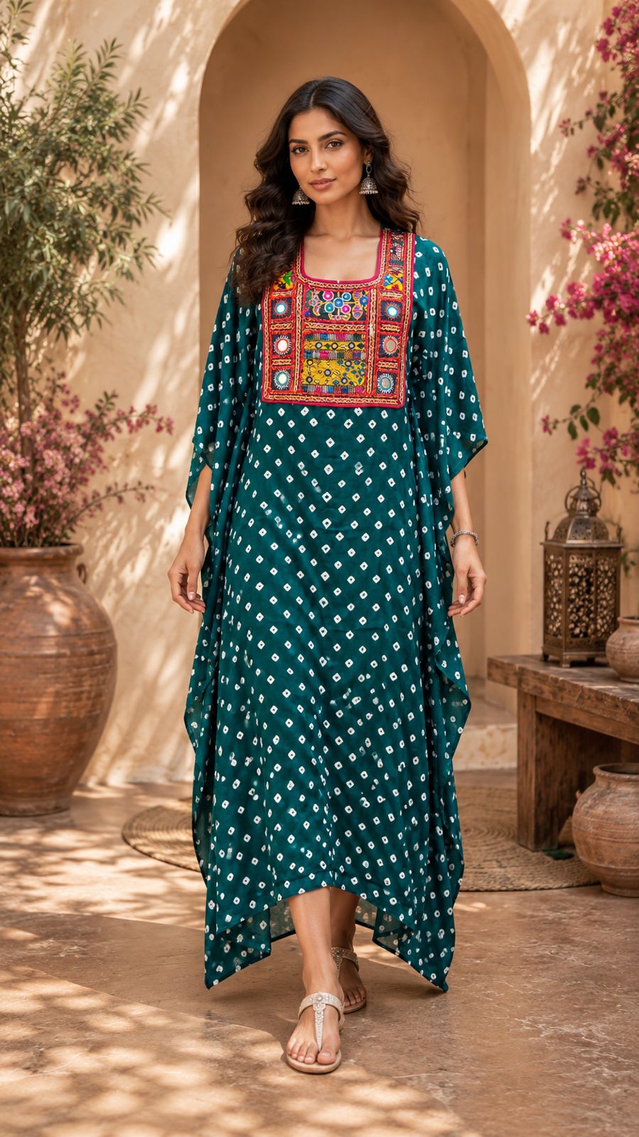 Modal Silk Bandhej Vintage patch Kaftan