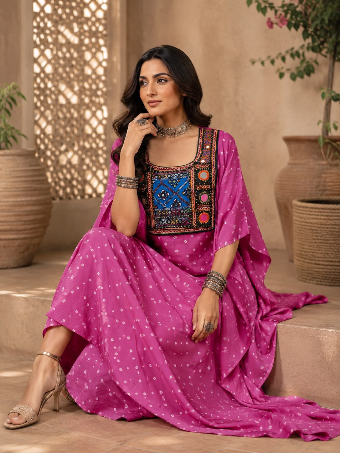 Modal Silk Bandhej Vintage patch Kaftan