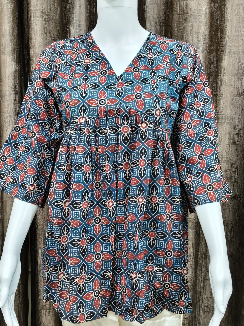 Close up of Pure Cotton Ajrak Handblock Print Top - Kutch Poshak