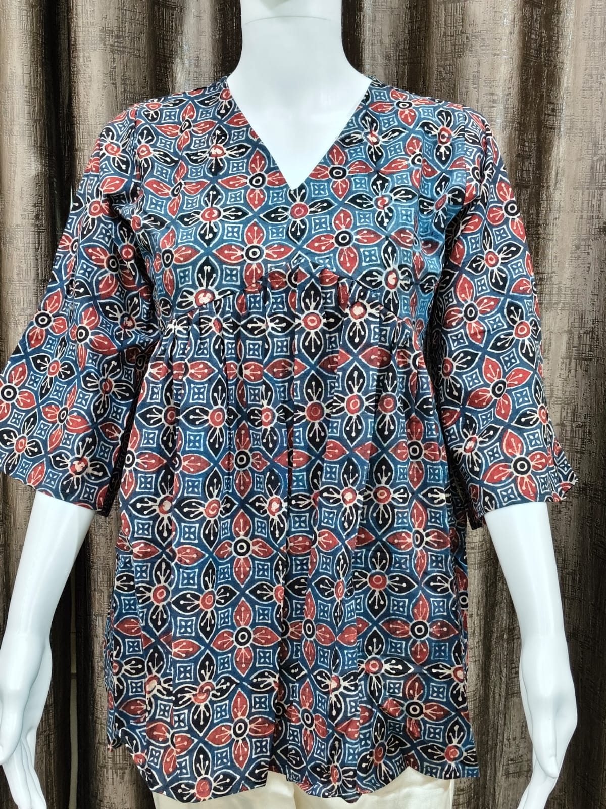 Close up of Pure Cotton Ajrak Handblock Print Top - Kutch Poshak