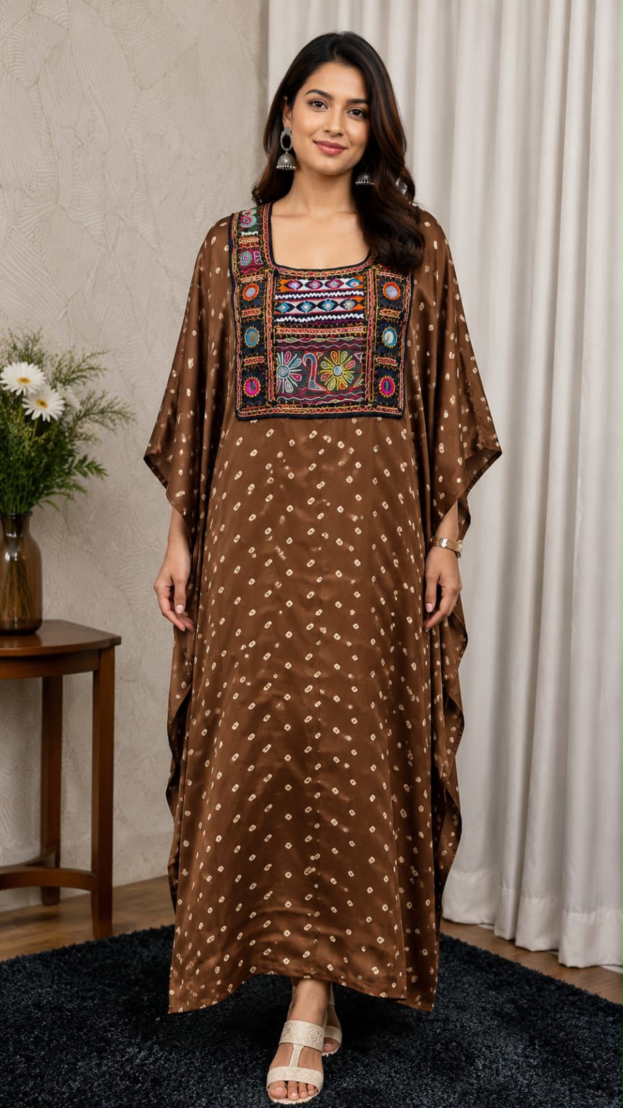 Modal Silk Bandhej Vintage patch Kaftan