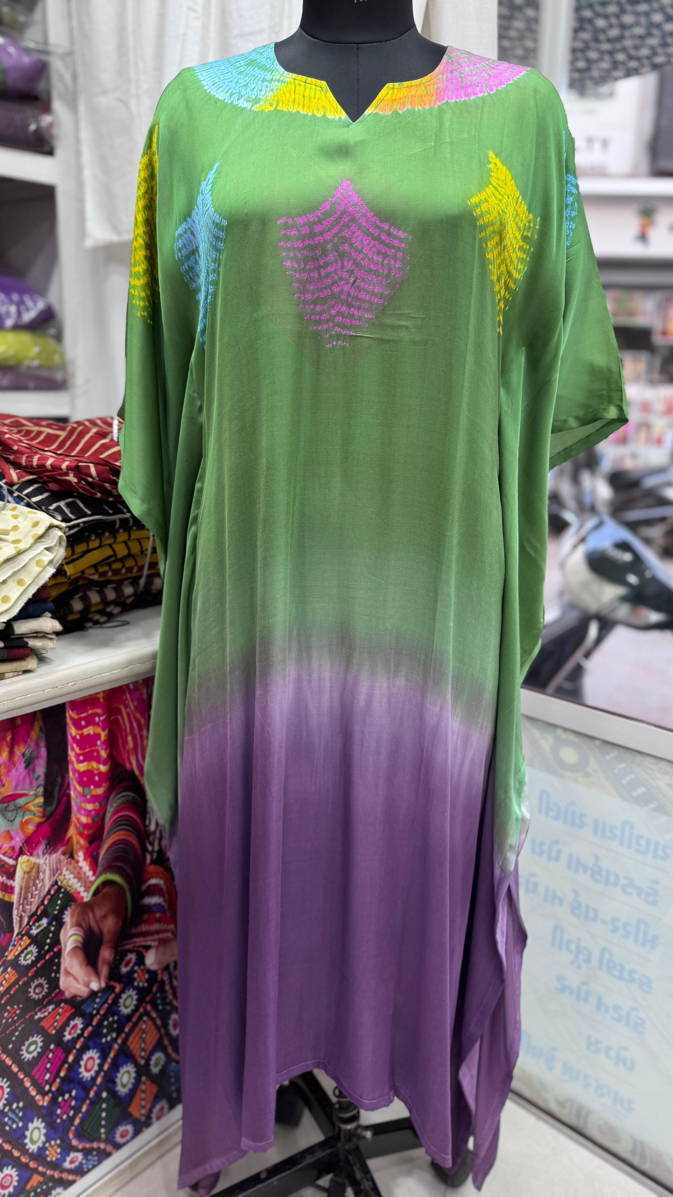 Close up of Pure modal silk multi stitched shibori kaftan (dual shade) - Kutch Poshak