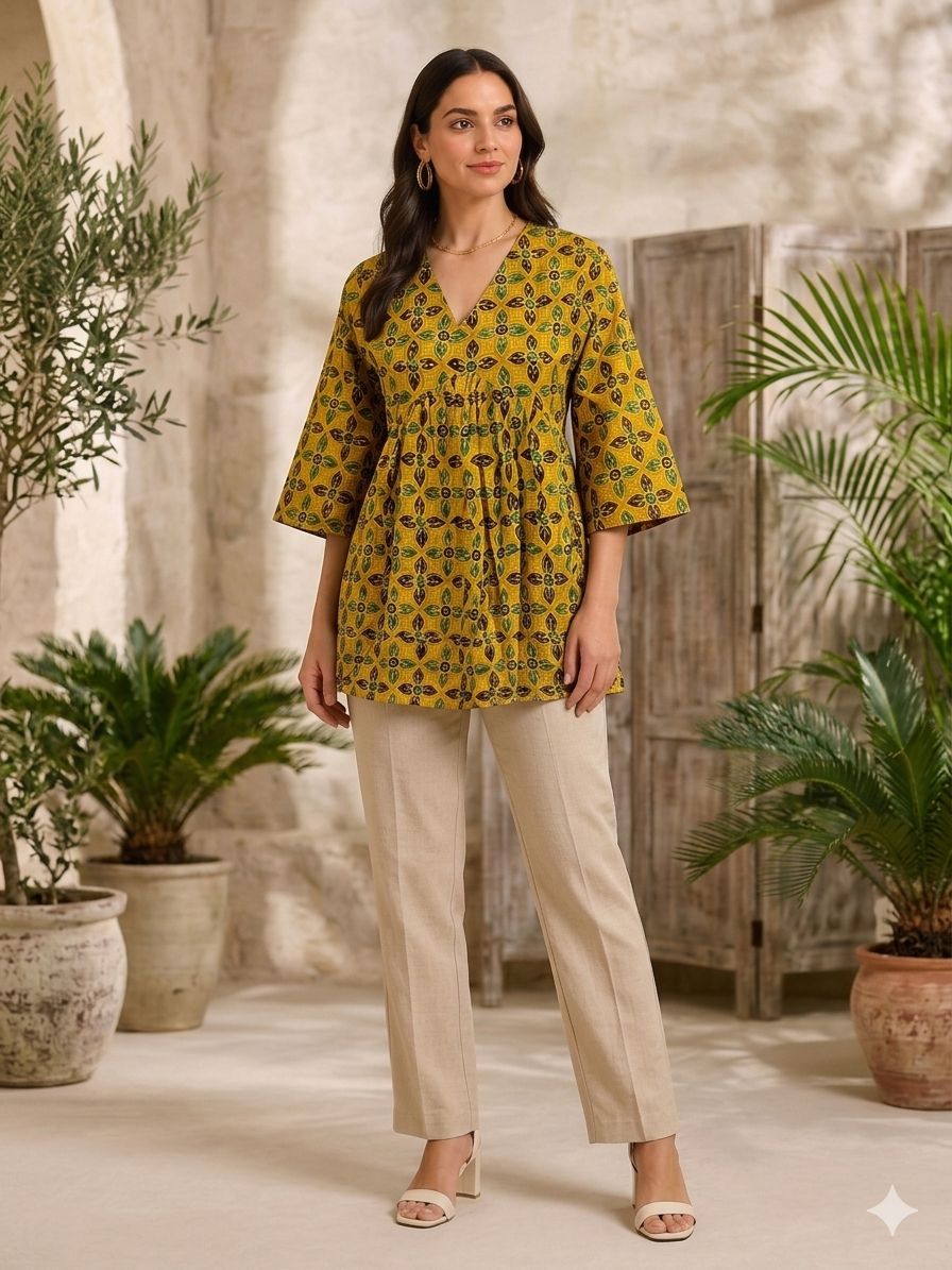 Close up of Pure Cotton Ajrak Handblock Print Top - Kutch Poshak