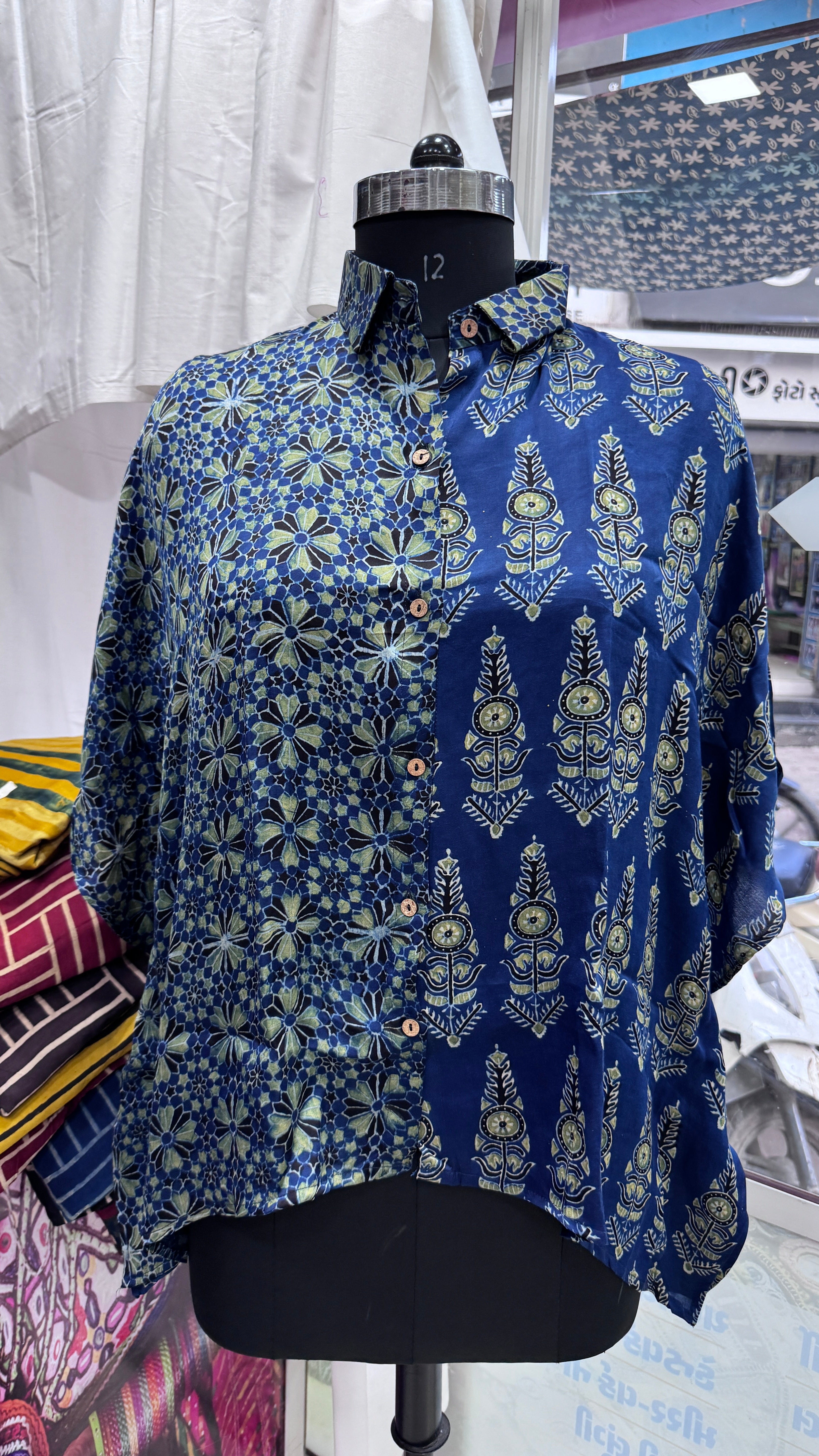 Close up of Modal Silk Kaftan Shirt (half & half design) - Kutch Poshak