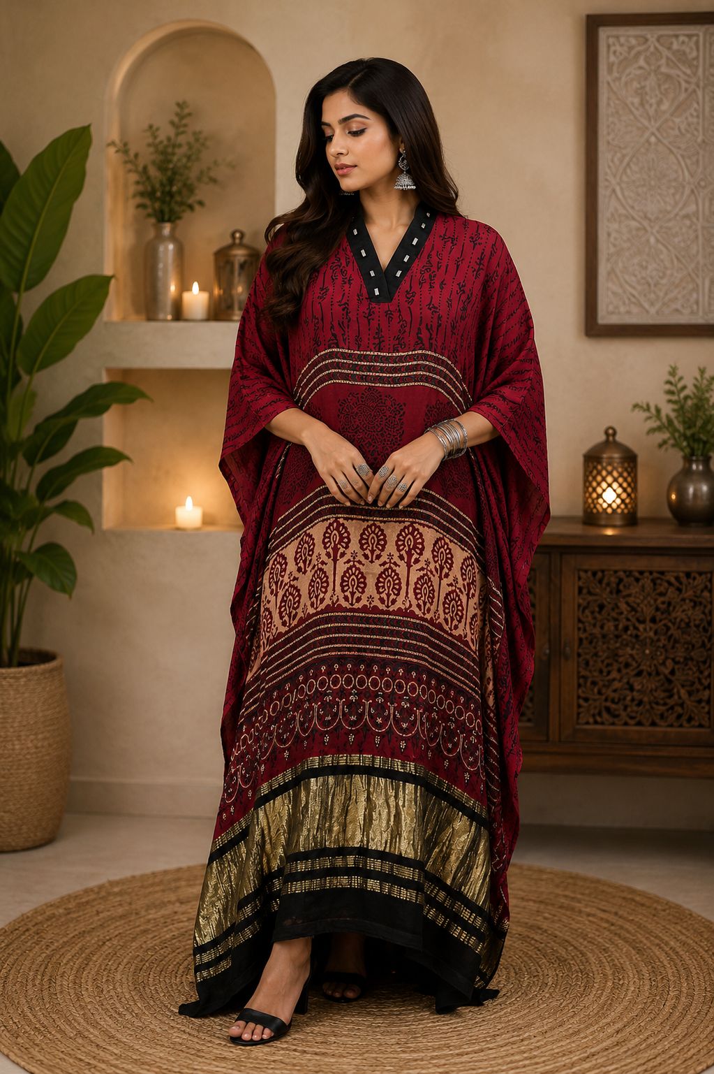 Modal Silk V-neck Kaftan Tissue border