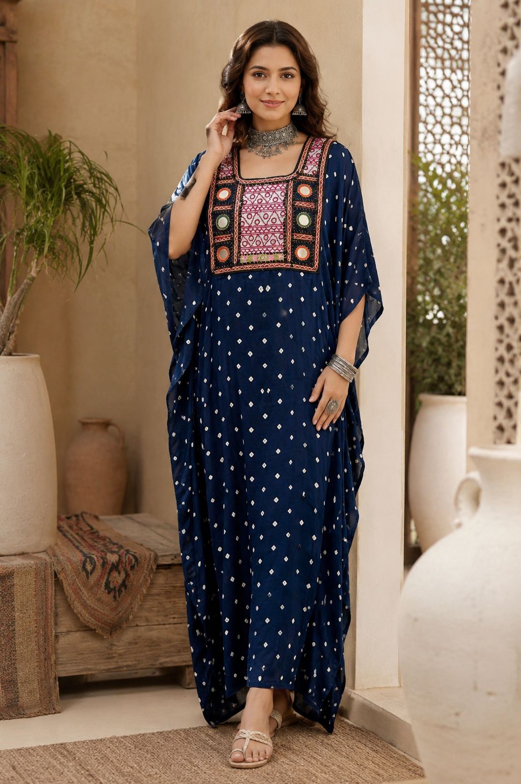 Modal Silk Bandhej Vintage patch Kaftan