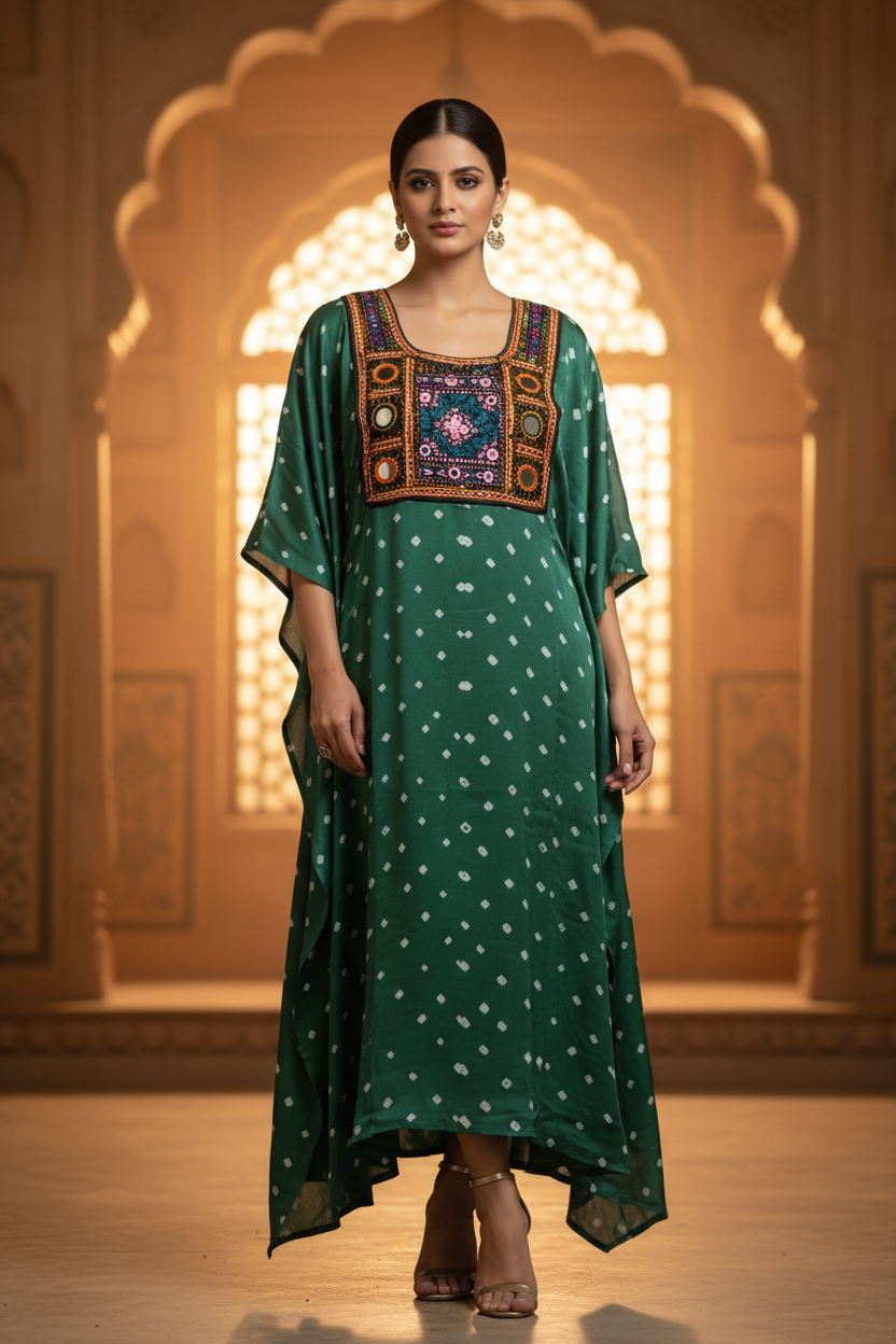 Modal Silk Bandhej Vintage patch Kaftan