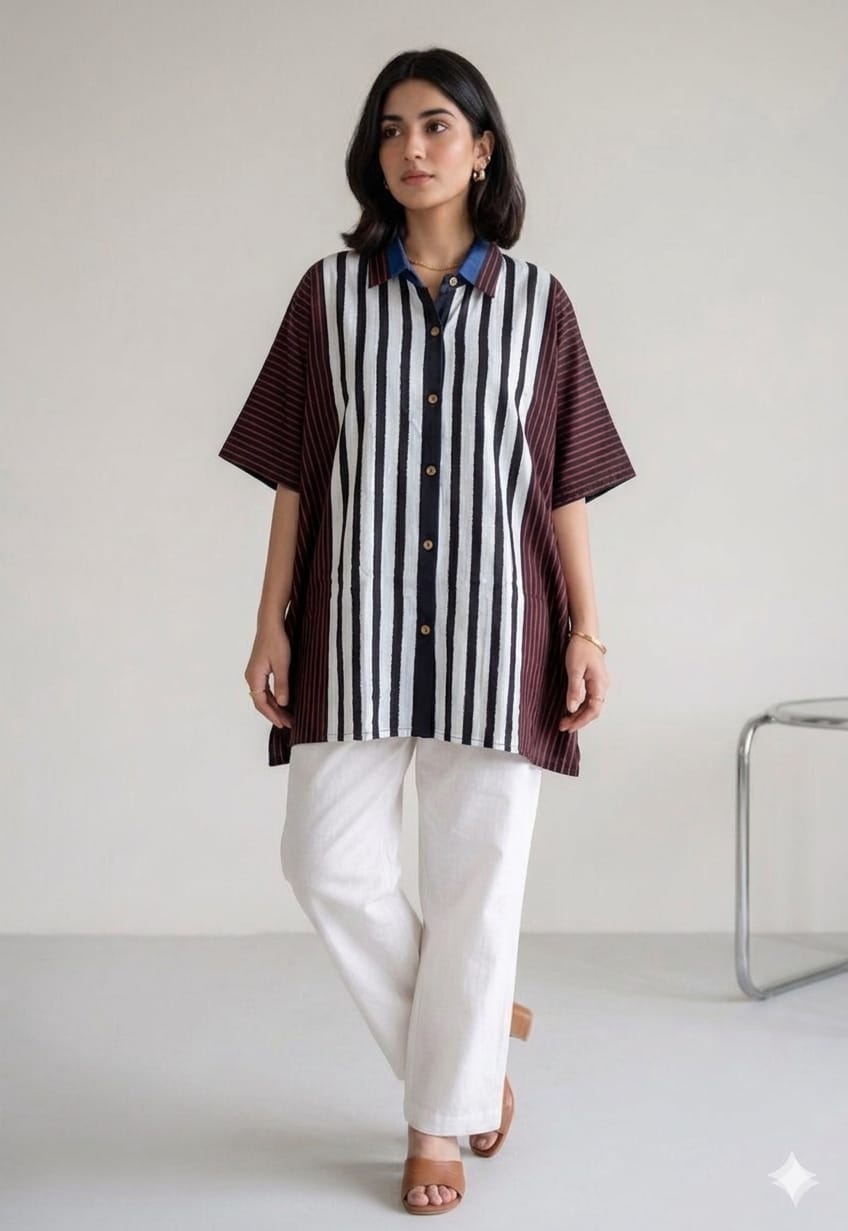Striped, Black Cotton kaftan shirt from Kutch Poshak