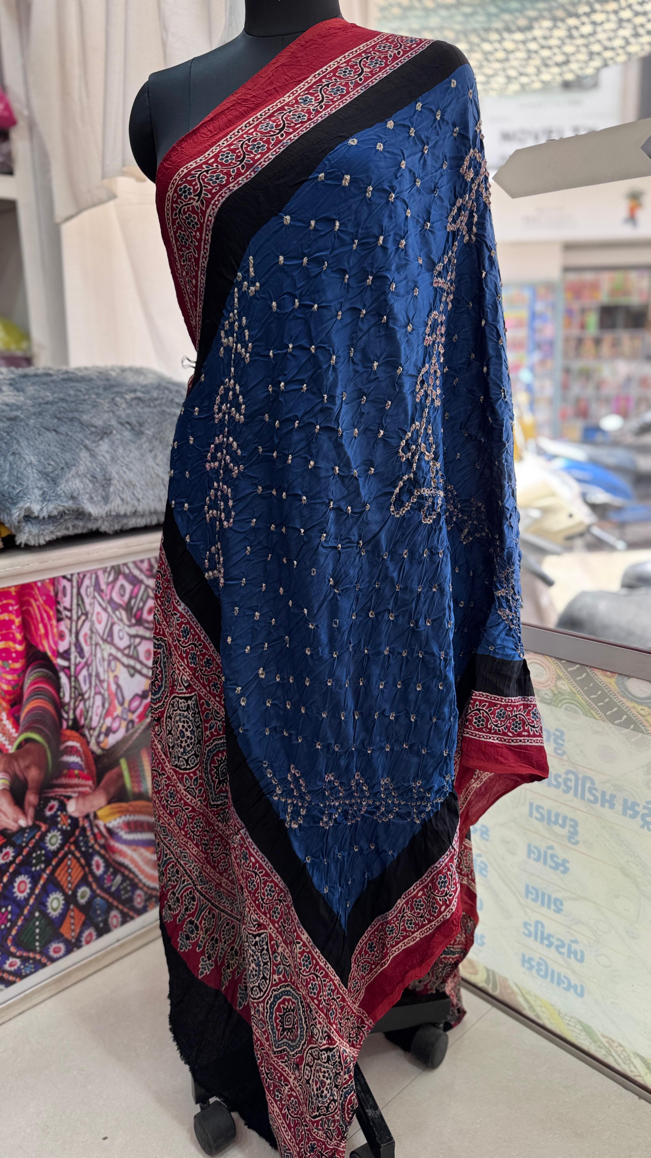 Kutch Poshak exclusive Pure modal silk bandhej with ajrakh dupatta