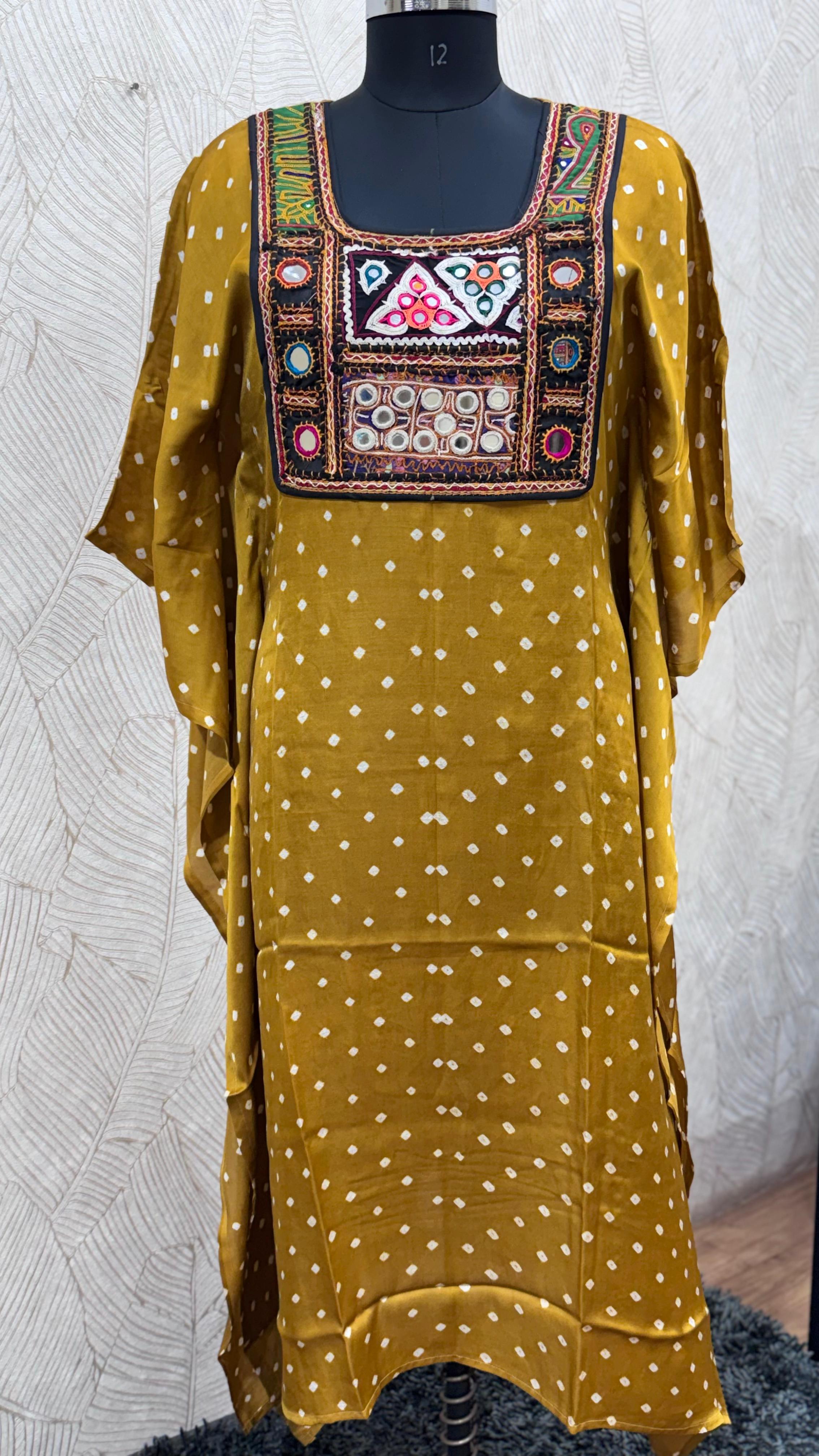Modal Silk Bandhej Vintage patch Kaftan