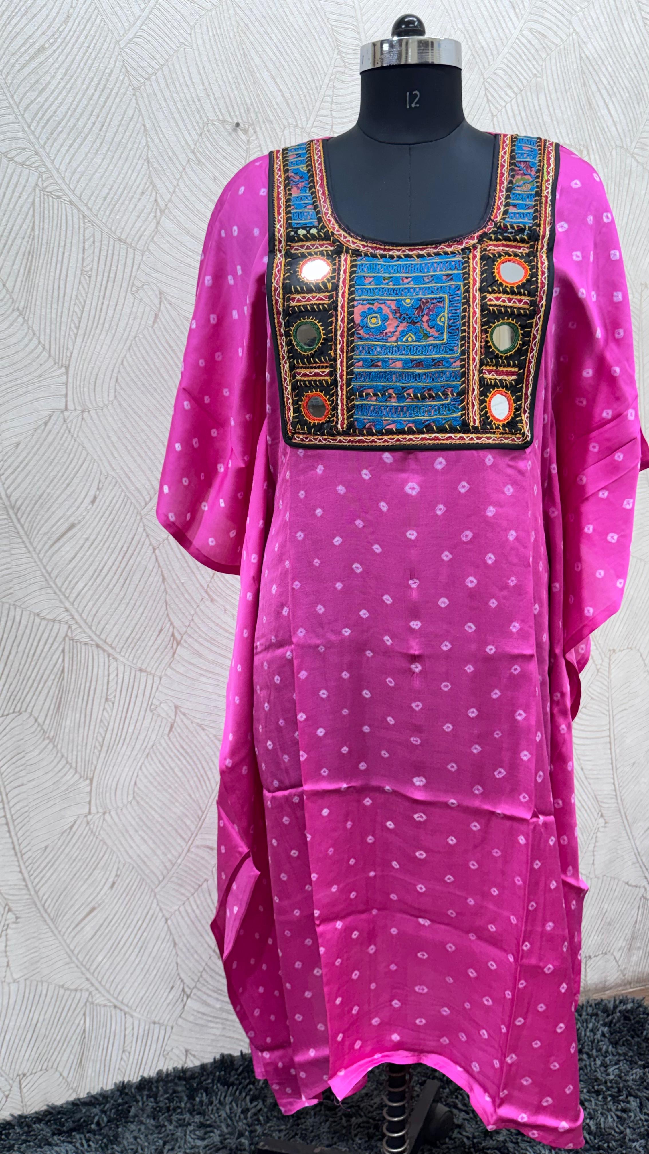 Modal Silk Bandhej Vintage patch Kaftan