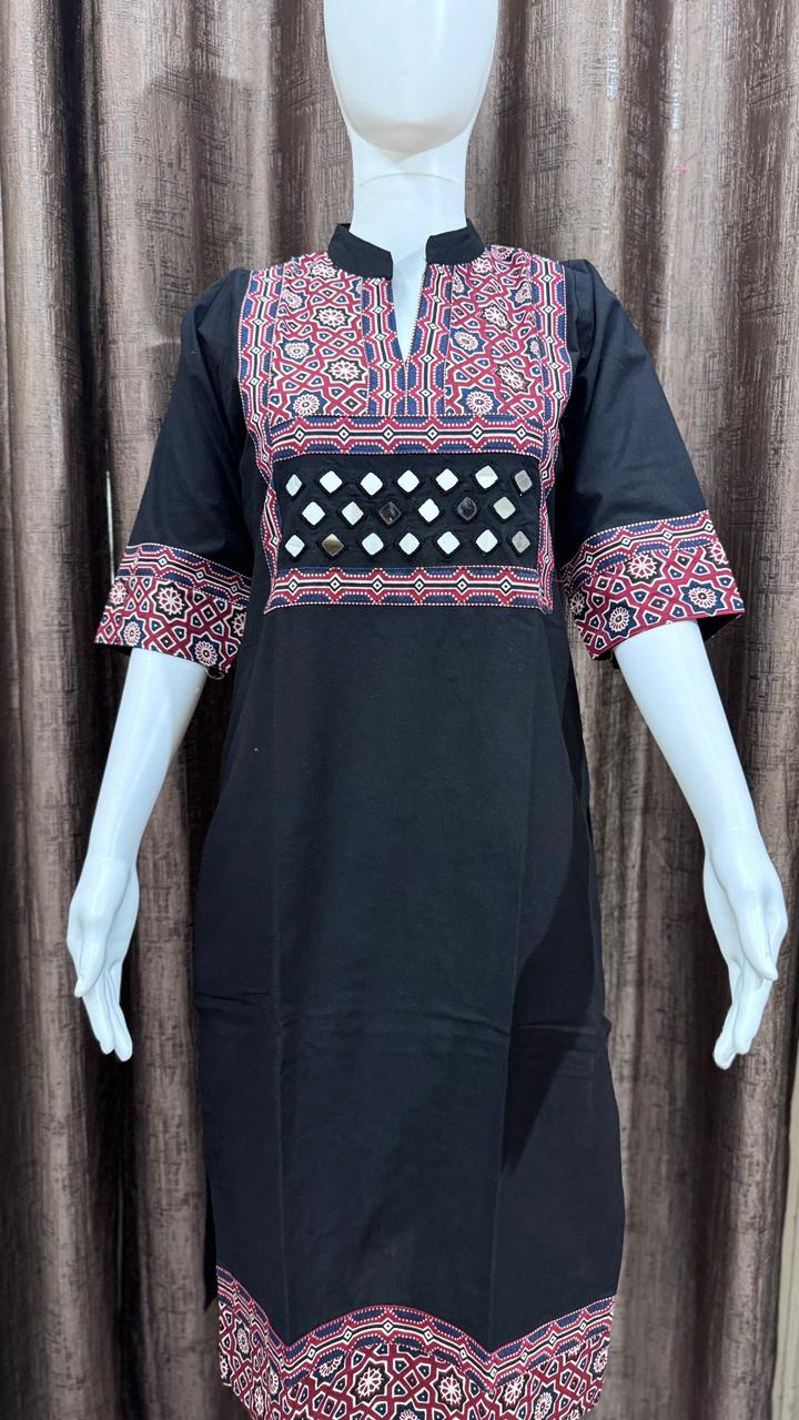 Black Pure Cotton Stand Collar Kurti from Kutch Poshak
