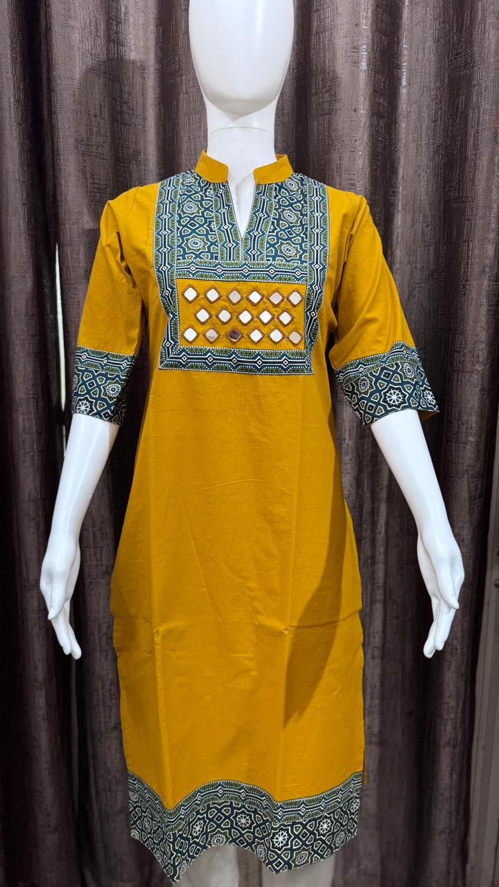 Close up of Pure Cotton Stand Collar Kurti - Kutch Poshak