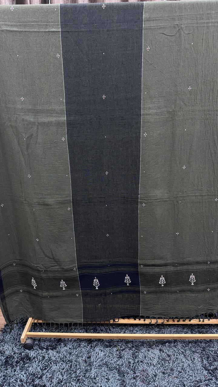 Black, Green, Geometric Tangalia Hand Work Bhujodi Handwoven Dupatta from Kutch Poshak