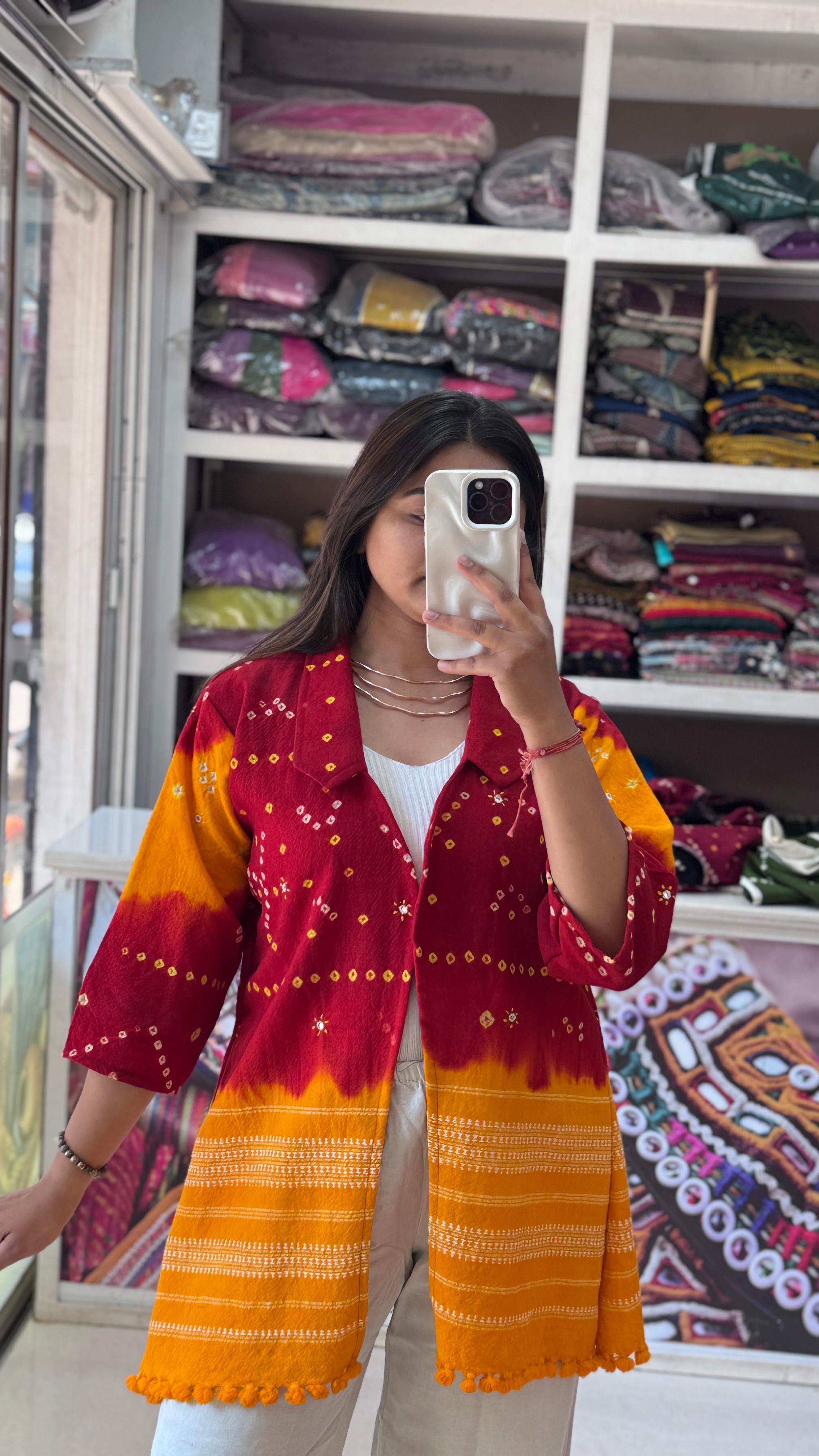 Maroon Black, Black Red, Maroon Pink, Orange Red, Green White, Tie Dye Woolen Bandhani Jackets from Kutch Poshak